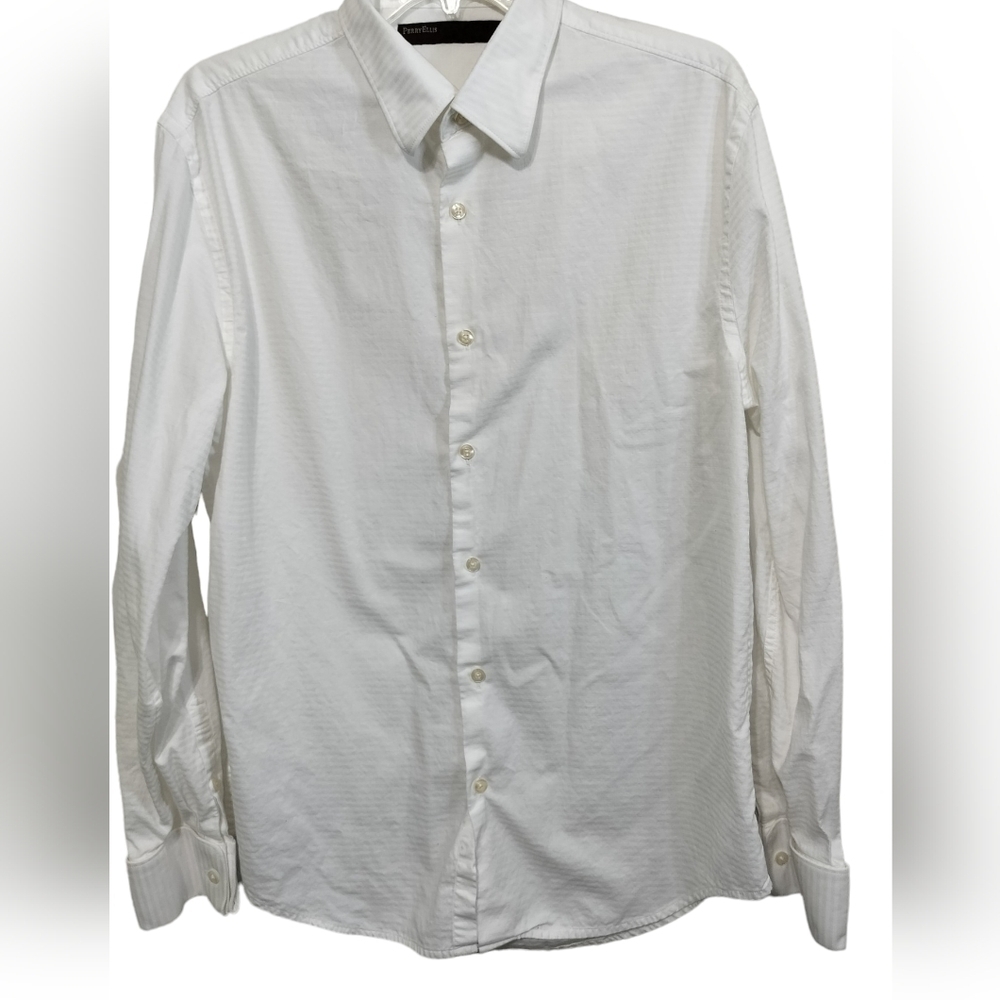 (M66) Perry Ellis White Striped Long Sleeve Dress Shirt Size Large